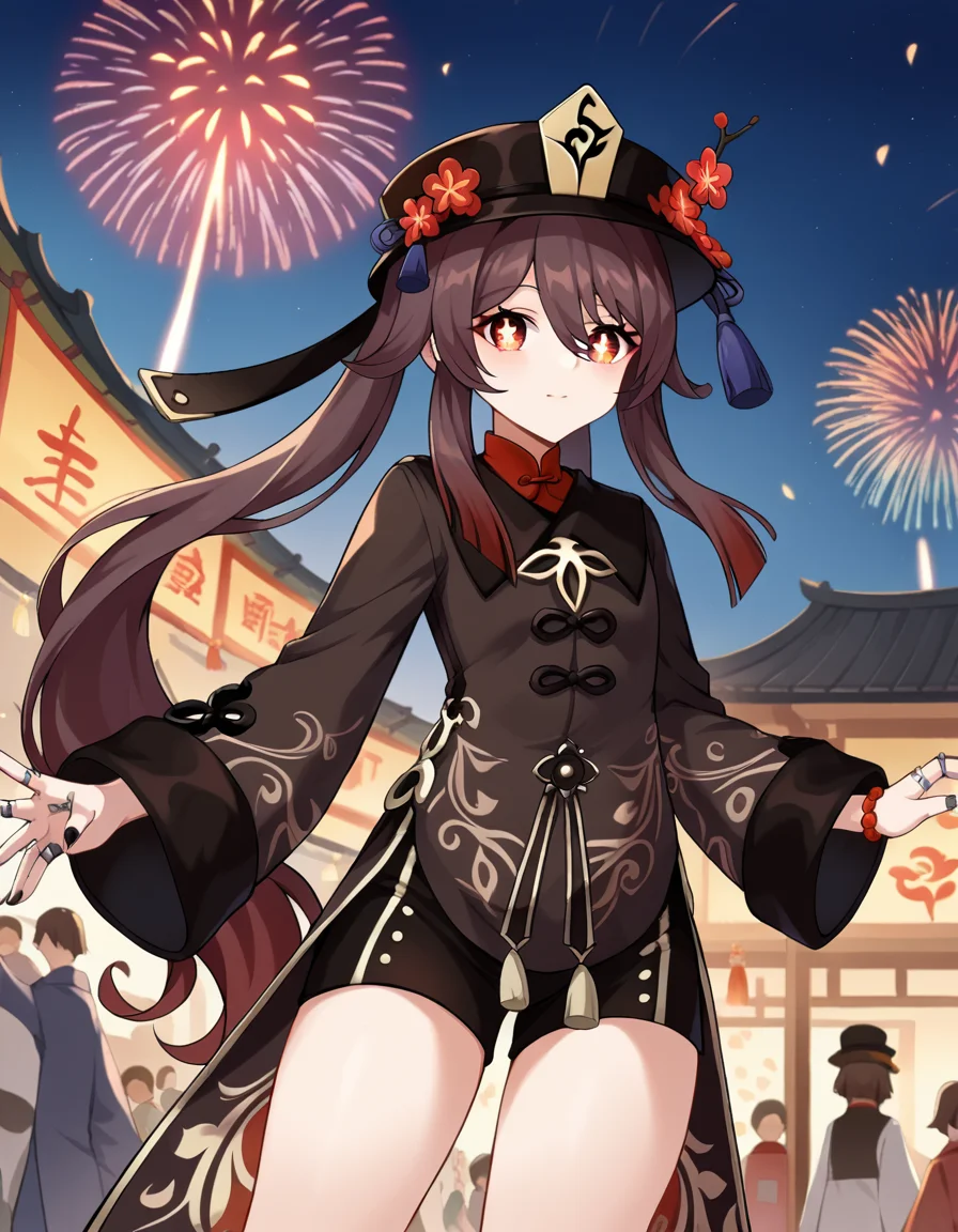 score_9, score_8_up, score_7_up, source_anime,
hutao, <lora:genshin-hutao-ponyxl-lora-nochekaiser:1>,
hutao, long hair, bangs, brown hair, red eyes, hair between eyes, twintails, sidelocks, symbol-shaped pupils,
long sleeves, hat, jewelry, flower, shorts, wide sleeves, coat, chinese clothes, black shorts, ring, black nails, hat ornament, hat flower,
outdoors, fireworks, festival,
looking at viewer, cowboy shot, dutch angle, dynamic pose,