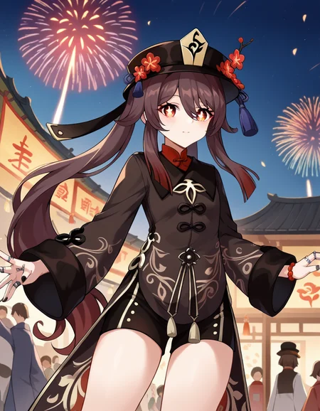 score_9, score_8_up, score_7_up, source_anime,
hutao, <lora:genshin-hutao-ponyxl-lora-nochekaiser:1>,
hutao, long hair, bangs, brown hair, red eyes, hair between eyes, twintails, sidelocks, symbol-shaped pupils,
long sleeves, hat, jewelry, flower, shorts, wide sleeves, coat, chinese clothes, black shorts, ring, black nails, hat ornament, hat flower,
outdoors, fireworks, festival,
looking at viewer, cowboy shot, dutch angle, dynamic pose,