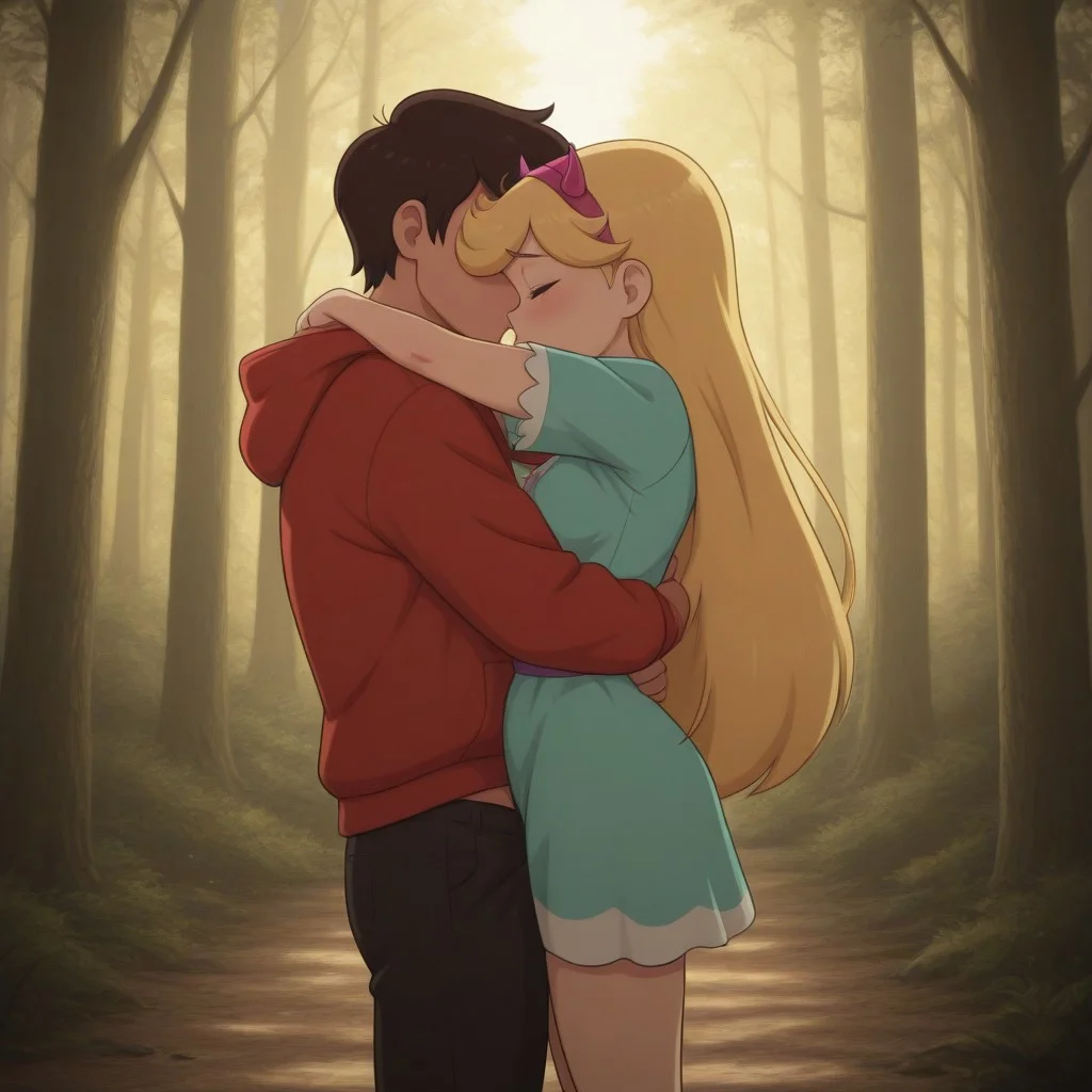 masterpiece, best quality, break. star_co, (1boy, marco_d, hoodie), break, (1girl, star_b, fake horns, dress), hug, forest, natural lighting,standing sex,deep penetration