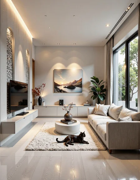 A photo of a cozy and stylish living room in a 30 sq.m studio apartment, designed in modern minimalism with personality and warmth. Light grey porcelain tile flooring with white wood texture, white soft rug in the center. A comfortable light-grey sofa against the far wall (opposite the window), floating TV console on the left wall under a flat-screen TV. the wall behind the TV has a stylish design solution with decorative inserts imitation of natural stone, highlighting the TV area in a special way. beautiful lighting and chandelier.
One large window on the right side lets in natural soft daylight. The walls are painted light beige with a textured plaster finish. Add warm indirect lighting, a few green indoor plants, and artistic decor with soul — like handmade art or a personal photo. No yellow tint, keep colors neutral and soft. Include a real-looking playful cat on the rug or sofa, not stylized. The space should feel peaceful, lived-in, and personal — not like a showroom.warm and dreamy space. The overall decor combines modern and classic elements, creating a serene atmosphere. <lora:CTAI-house in the rock:1> CTAI-house in the rock interior <lora:fluxenhancer:0.6> <lora:Fluxartis Photography:1>