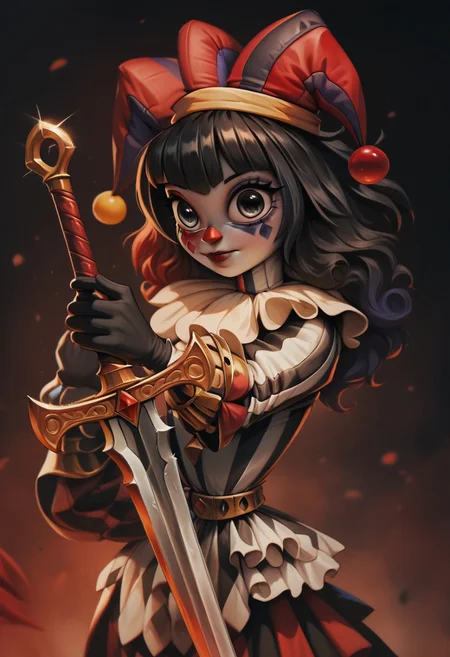 score_9, score_8_up, score_7_up, score_6_up, 1girl, clown, red black white suit, beautiful eyes, pure white color eyes, bright eyes, white and black hair, thig highs, gloves, striped, jester cap, planted sword, holding sword, big sword, plate armor, black and red armor, black armor, shiny armor, hattiezazu, digital art, soft light