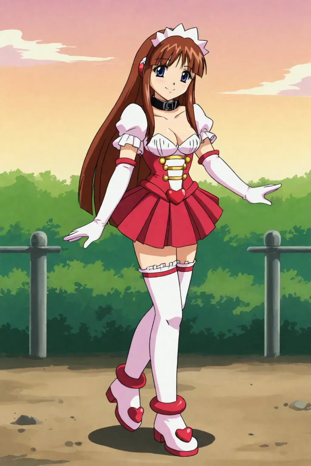 score_9, best, masterpiece, uncensored,
1girl, solo, slight smile,
FamiresSenshiPannaCotta, red pleated miniskirt,  white elbow gloves with red accents and pink heart on sleeve, frilled white thighhighs with red accents, underbust corset, magical girl, maid headdress, robot ears, black belt collar with white frills, white with red accents ankle boots with pink heart, white frilled puffy short sleeves, front waist heart accessory,
<lora:FamiresSenshiPuddingKitamoriNakoPannaCotta_V2:0.8>​​​