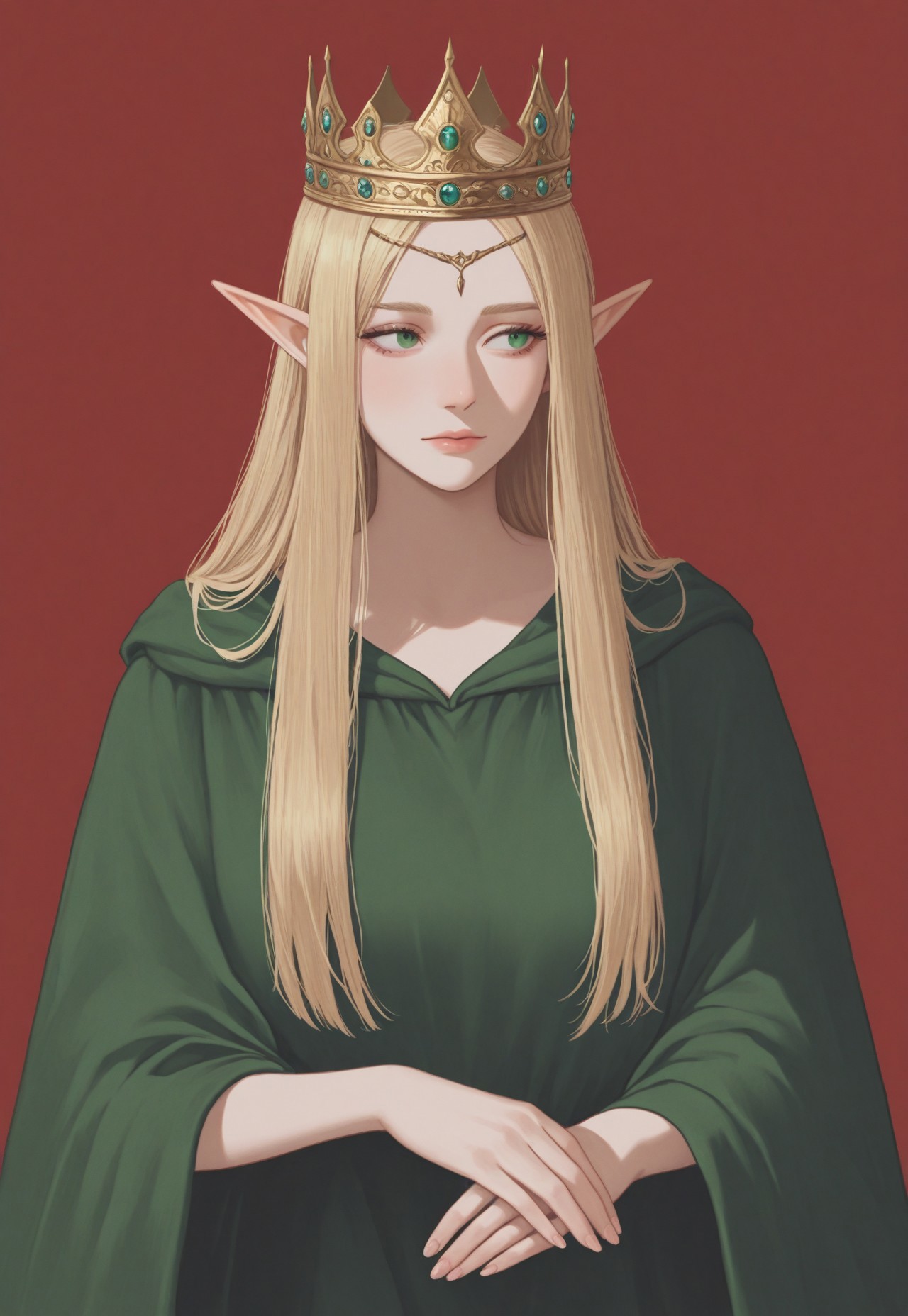 vermis, 1girl, elf, crown, looking to the side, blonde hair, red background