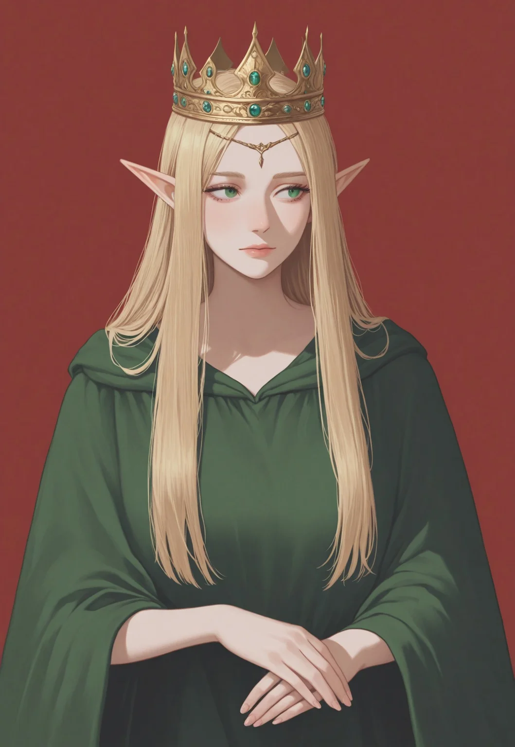 vermis, 1girl, elf, crown, looking to the side, blonde hair, red background