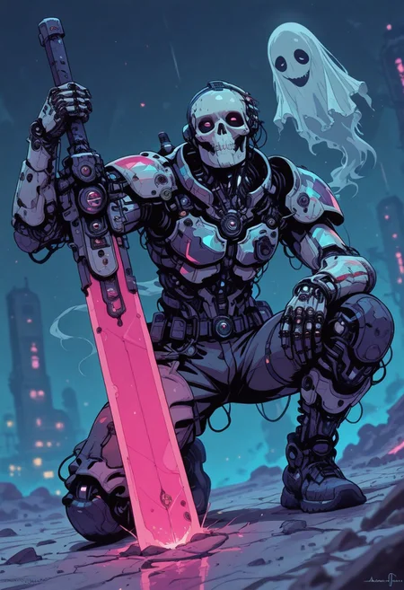 <lora:ck-nc-cyberpunk-IL-000011:0.7>,  masterpiece, best quality, good quality, very aesthetic, absurdres, newest, 8K, depth of field, focused subject, dynamic angle, action shot, 1beast, ghost, holographic shimmer intricate armor, whimsical ghostly revenant looking at the viewer while aiming with a otherworldly giant spectral sword, fantasy, inksketch, auraflow, 
in the style of cknc, in the style of ck-rw
<lora:ck-shadow-circuit-IL:1>