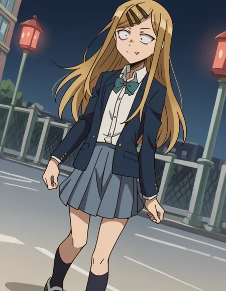 score_9, score_8_up, score_7_up, source_anime, <lora:saya-endou-s2-ponyxl-lora-nochekaiser:1>, saya endou, long hair, blonde hair, hair ornament, brown eyes, hairclip, fang, wide-eyed, constricted pupils, sanpaku,, skirt, shirt, hair ornament, school uniform, jacket, pleated skirt, socks, blazer,, city street, evening, streetlights, walking dog, quiet neighborhood, gentle breeze, smile, , arm resting on back of chair, solo,, cowboy shot, dutch angle