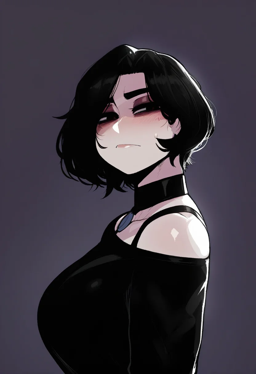 krekkov, masterpiece, best quality, high quality, absurdres,
portrait, solo, doomer girl, (pale skin), black hair, black shirt,