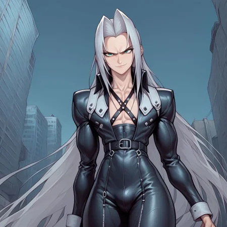 score_9, score_8_up, score_7_up, flightless detailed closeup action shot, from front, Sephiroth leaping through the air swinging very long sword in a wide overhead arc, smug expression, dynamic pose, exaggerated perspective emphasizing action, in an industrial city at night, dim street lighting, solo, beautiful, androgynous, flat chest, leather straps, broad shouldered, leather coat, high contrast, industrial cityscape background,