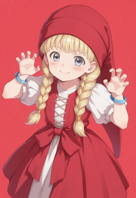 anime screencap, anime coloring, <lora:DX888Veronica:1> veronica, blue eyes, child, blonde hair, long hair, twin braids, hair over shoulder BREAK red headwear, red dress, puffy sleeves, waist bow, bracelet, BREAK red background, dotted background,, BREAK 1girl, blush, claw pose, cowboy shot, from above, hands up, looking at viewer, smile, solo, standing,