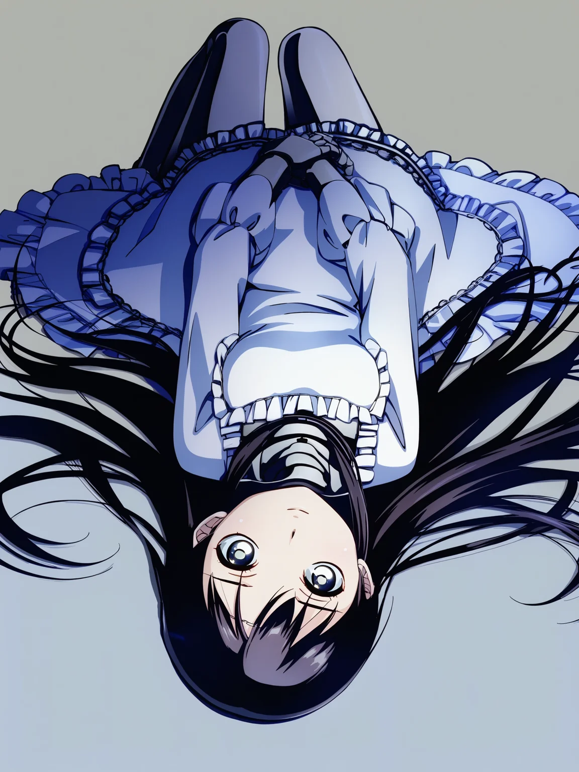 score_9, source_anime, masterpiece, best quality, white background:1.2, <lora:Mina_PDXLv0:0.9> 1girl, mina, long hair, looking at viewer, small breasts, head tilt, white dress, frills, full body, on back,, detailed, beautiful