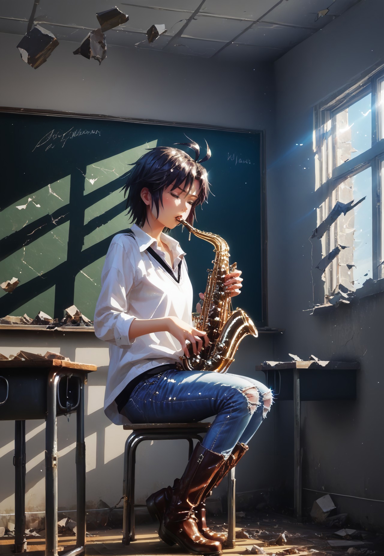 score_9, score_8_up, score_7_up, 8k, interior view of and abandoned classroom with high ceiling, 1girl, SH_S4X, instrument, solo, solo focused, Kikuchi Makoto in the middle of an old classroom of an abandoned school playing saxophone, (playing instrument:1.6), <lora:Sheeps_Saxophone:0.8> 
<lora:KikuchiMakoto_pony_v1:0.9> kkcmkt, detailed face, detailed eyes, (Kikuchi Makoto, jeans, boots:1.5), short hair, black hair, antenna hair, hair between eyes, black eyes, flat chest, <lora:loraeyesxl:0.4> <lora:d4rk01lXLP:0.5> d4rk01l, ruanyi0056, (chalkboard, stool, chair, table, school desk,:2), (classroom, ceiling light, debris on floor:1.7), shelf, curtains, book stack, bottle, box, broken glass, broken window, building, cardboard box, door, glass, grass, indoors, messy room, pillar, plant, rock, rubble, ruins, school, stone wall, trash can, wall, window, dirty, dirt, dust, <lora:0056 abandoned schoolv1_pony:1> 