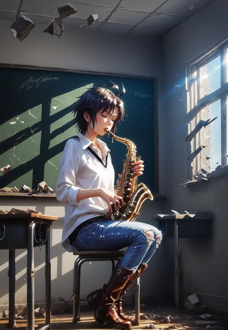 score_9, score_8_up, score_7_up, 8k, interior view of and abandoned classroom with high ceiling, 1girl, SH_S4X, instrument, solo, solo focused, Kikuchi Makoto in the middle of an old classroom of an abandoned school playing saxophone, (playing instrument:1.6), <lora:Sheeps_Saxophone:0.8>
<lora:KikuchiMakoto_pony_v1:0.9> kkcmkt, detailed face, detailed eyes, (Kikuchi Makoto, jeans, boots:1.5), short hair, black hair, antenna hair, hair between eyes, black eyes, flat chest, <lora:loraeyesxl:0.4> <lora:d4rk01lXLP:0.5> d4rk01l, ruanyi0056, (chalkboard, stool, chair, table, school desk,:2), (classroom, ceiling light, debris on floor:1.7), shelf, curtains, book stack, bottle, box, broken glass, broken window, building, cardboard box, door, glass, grass, indoors, messy room, pillar, plant, rock, rubble, ruins, school, stone wall, trash can, wall, window, dirty, dirt, dust, <lora:0056 abandoned schoolv1_pony:1>