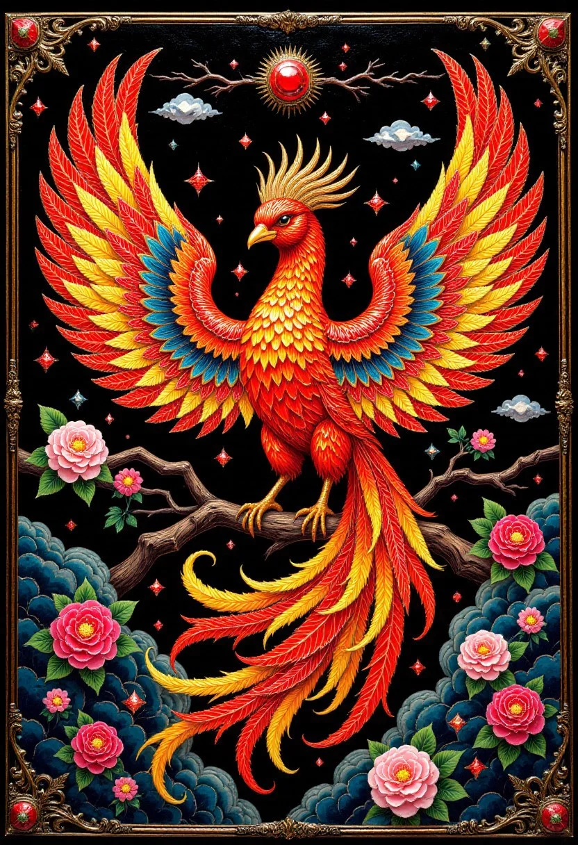 “Vibrant enamel‑like cloisonné design of a phoenix reborn from jeweled ashes, vivid reds and golds separated by black enamel lines, shimmering metallic finish, symmetrical composition bleeding to borders.”
, aidmaHiDreamStyle , aidmamjv7