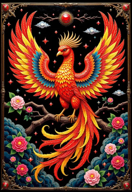 “Vibrant enamel‑like cloisonné design of a phoenix reborn from jeweled ashes, vivid reds and golds separated by black enamel lines, shimmering metallic finish, symmetrical composition bleeding to borders.”
, aidmaHiDreamStyle , aidmamjv7