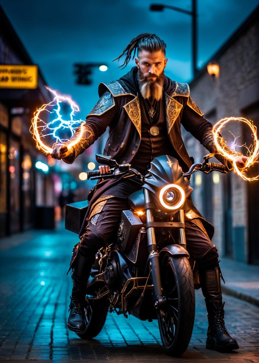 awardwinning photo of cyberpunk mediaeval Spellcaster, weird beard, man, mad, riding a lightning dragon, high quality photography, 3 point lighting, flash with softbox, 4k, Canon EOS R3, hdr, smooth, sharp focus, high resolution, award winning photo, 80mm, f2.8, bokeh