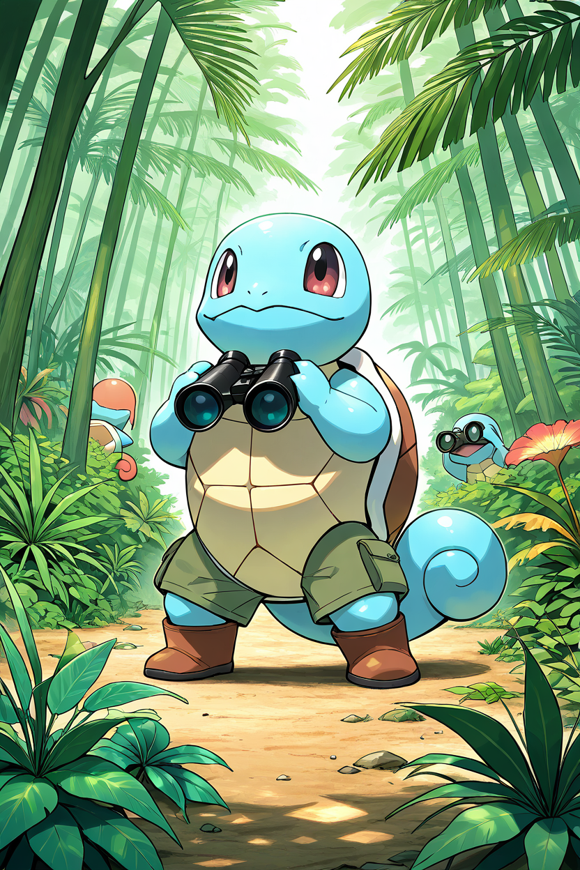 masterpiece, best quality,   <lora:SquirtlePokedexIXL:1.0>,   zzSquirtle,   Cargo shorts, jungle boots, backpacks, binoculars, tropical plants, thick trees, wild animals, hot and humid environment, adventurerâs attitude