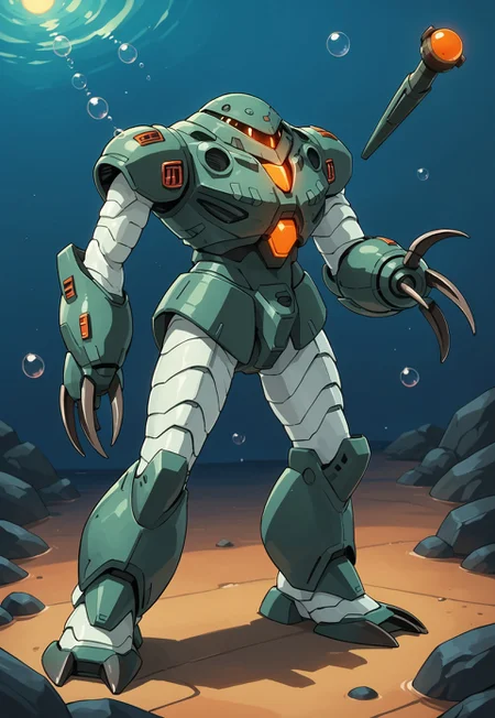safe_pos, score_9, score_8_up, score_7_up, source_anime, cowboy shot, side view, blue light, BREAK, ( zgok_experiment, orange monoeye, looking at viewer, zeon symbol on chest, menacing claws, standing, ) 1mech, mech focus, solo, BREAK, submarine with searchlight, 2 divers, bubbles, shaft of light, ocean floor, rocks,