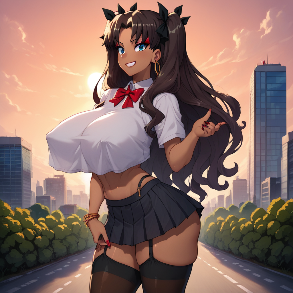 score_9, score_8_up, score_7_up, score_6_up, score_5_up, score_4_up, source_anime, crop top overhang, garter straps, thighhighs, crop top, frilly top, midriff, overhanging shirt, tohsaka rin, standing, outdoors, sunset, beautiful image, sunset, school building, downtown tokyo, city, skyscrapers, stars, smirk, gyaru, tanned skin, jewelry, painted nails, lipstick, eyeliner, eyeshadow, nipple bulge, huge breasts, thick thighs, wide hips,