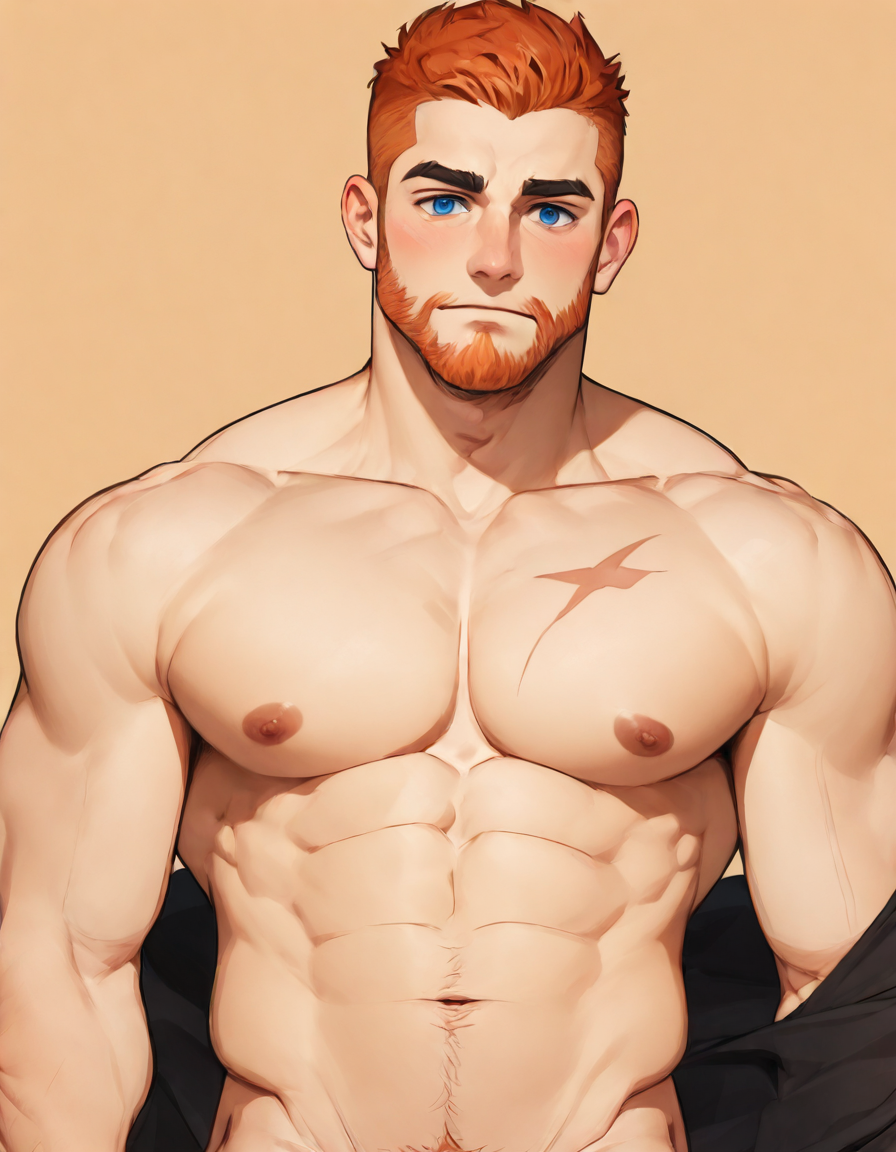 illMaleupBody, solo, looking at viewer, blush, short hair, blue eyes, navel, nipples, male focus, nude, stomach, orange hair, pubic hair, black shirt, muscular, facial hair, scar, abs, pectorals, muscular male, male pubic hair, bara, beard, large pectorals, mature male, very short hair, out-of-frame censoring, navel hair, 1boy
<lora:ILLå¡é2Dç·å­ä¸èº«illMaleupBody:0.8>,