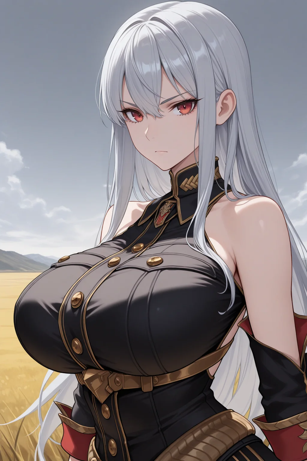 masterpiece, best quality, 1girl, solo, <lora:selvaria-illu-nvwls-v1-000006:1> slvra, silver hair, very long hair, red eyes, huge breasts, black shirt collar, black uniform, bare shoulders, black sleeves, gold belt, black gloves, upper body, grey sky, field, looking at viewer, expressionless, serious