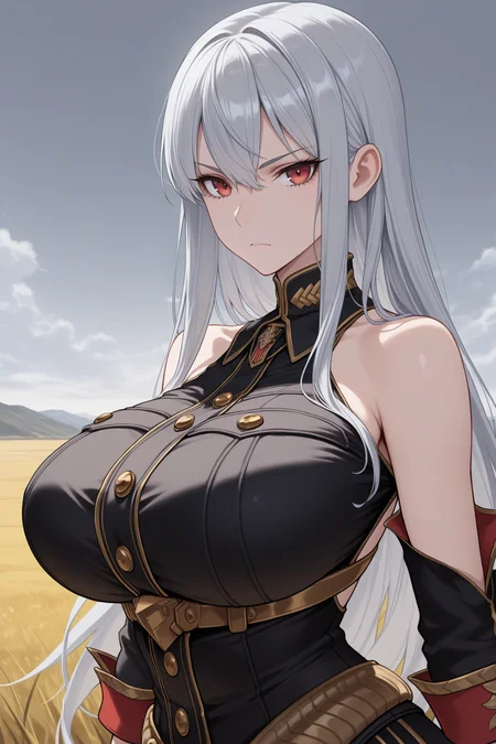 masterpiece, best quality, 1girl, solo, <lora:selvaria-illu-nvwls-v1-000006:1> slvra, silver hair, very long hair, red eyes, huge breasts, black shirt collar, black uniform, bare shoulders, black sleeves, gold belt, black gloves, upper body, grey sky, field, looking at viewer, expressionless, serious