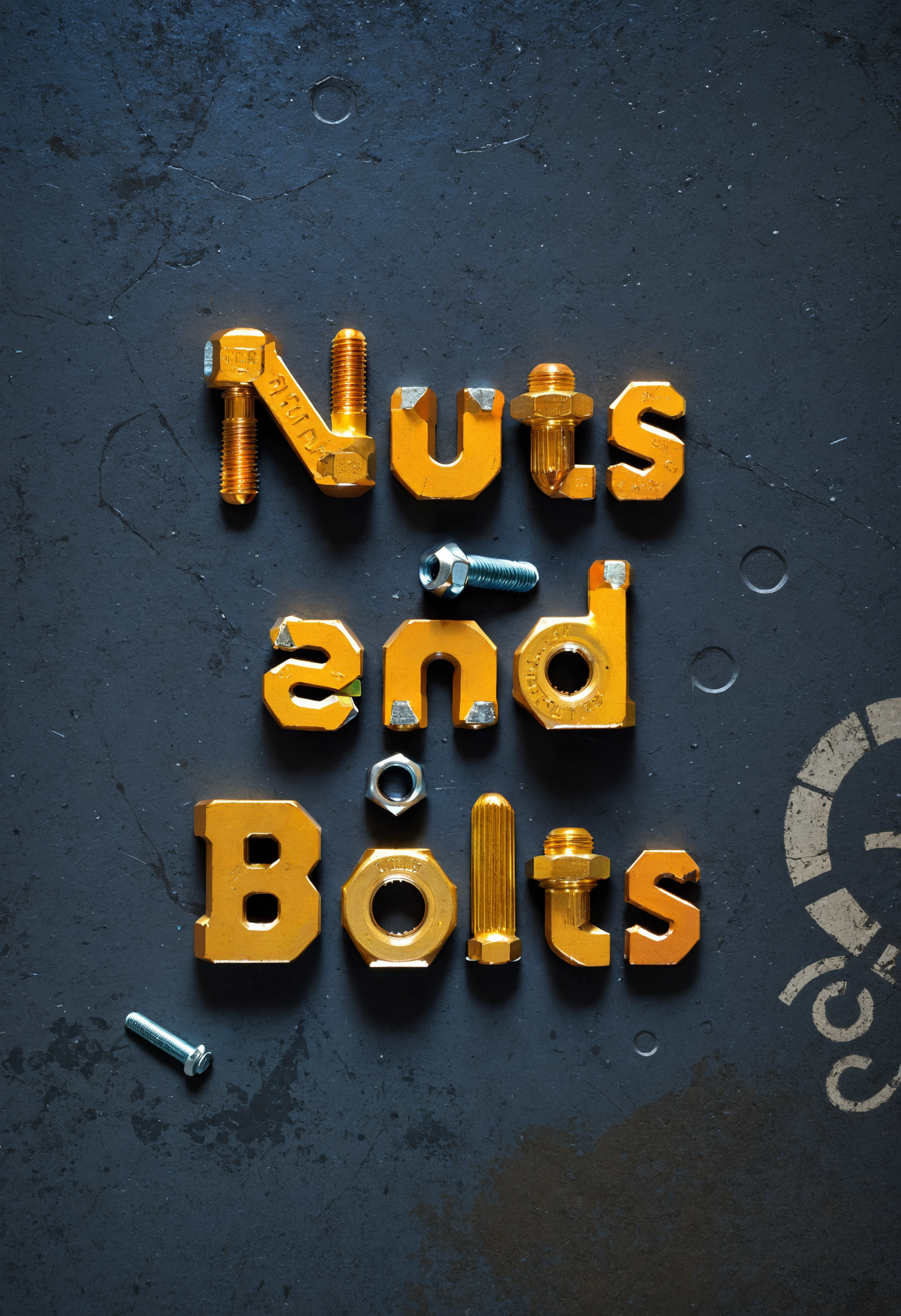 text "Nuts and Bolts" nuts and bolts style, on garage floor, concrete, full color, inspired, rich deep vivid colors, intricate, elegant, highly detailed, sharp focus, fine detail, striking beautiful, cinematic, great composition, innocent, scenic, attractive, artistic, thought driven, epic, stunning, creative,, cool, awesome, inspiring, amazing