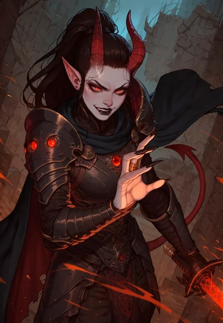 score_9, score_8_up, score_7_up, outdoors, rimlight, dark, solo, 1girl, demon girl, horns, black hair, ponytail, black lipstick, pale skin, grey skin, pointy ears, red eyes, red nose, long nails, black nails, black cape, armor, tail, slim fit, smirk, action pose, sword, action lines, foreshortening