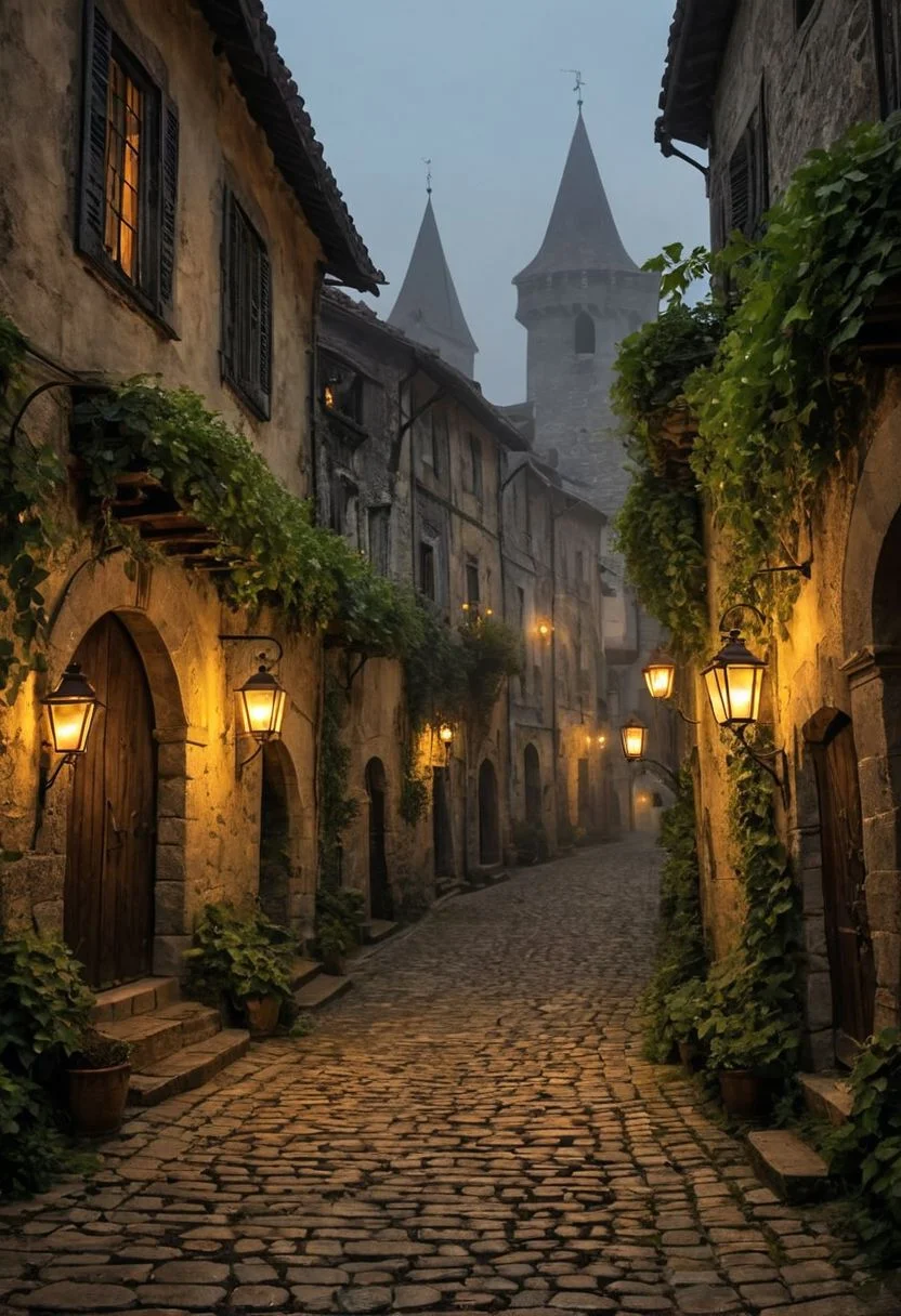 Transport yourself to an eerie medieval village shrouded in mist and mystery, where time seems to stand still and whispers of long-forgotten secrets linger in the air. The cobblestone streets are lined with crooked, dilapidated buildings, their timeworn facades adorned with creeping ivy and cracked shutters. Shadows dance ominously in the flickering light of dimly lit lanterns, casting a cloak of darkness over the deserted marketplace. A lone, flickering torch casts a flickering glow upon a weathered stone well, its depths seemingly bottomless and foreboding. The distant sound of howling wolves and creaking gates adds to the eerie atmosphere, instilling a sense of unease in anyone brave enough to traverse the village's desolate streets.