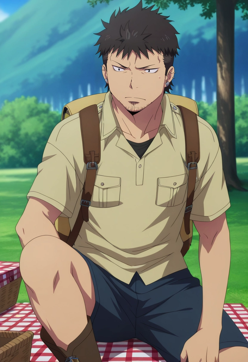 masterpiece, best quality, intricate details, anime screencap, , , , , 1boy, solo, male focus, <lora:ryuuji_suguro_ilxl:0.98>, ryuuji_suguro, black hair, black eyes, short hair, , facial hair, stubble, , , Tailored shorts, Cargo shirt, Chelsea boots, , Picnic Basket Backpack