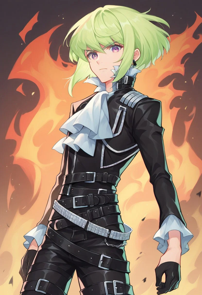 score_9, score_8_up, score_7_up, source_anime, highly detailed, 
lio, 1boy, solo, gloves, male focus, black gloves purple eyes, black jacket, ascot,
jacket, green hair, fire, belt, earrings, half gloves, pyrokinesis, jewelry,
biker clothes, looking at viewer, multiple belts