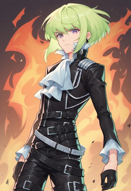 score_9, score_8_up, score_7_up, source_anime, highly detailed,
lio, 1boy, solo, gloves, male focus, black gloves purple eyes, black jacket, ascot,
jacket, green hair, fire, belt, earrings, half gloves, pyrokinesis, jewelry,
biker clothes, looking at viewer, multiple belts