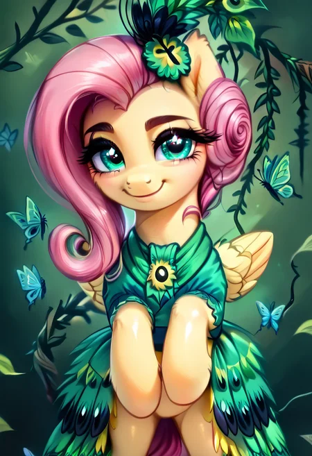 masterpiece, score_9, score_8_up, score_7_up, score_6_up, (best quality:1.1), ultra-detailed, high resolution, (solo), (1WOMAN), (FERAL PONY), (PEGASUS PONY), (FLUTTERSHY) ((light pink hair:1.4)), (highly detailed hair:1.4), (green feather hair accessory:1.4), (highly detailed pony face:1.5), (beautiful detailed turquoise eyes:1.5), (soft smile:1.5), (wide cute innocent eyes:1.5), (long lashes eyelashes:1.5), (detailed pony nuzzle:1.5), (detailed pony ears:1.5), (light yellow shiny skin:1.5),(green peacock feather dress:1.5), (detailed hooves:1.5), (green feather peacock background:1.5), (green butterflies background:1.5), (green vine leafs framing the image:1.5), (green feathers all around:1.4), (dynamic pose:1.5), (green lighting:1.5), high quality, sharp, the quality of ai art is frightening, highly detailed, Highly Visible, sharp focus, high detail, detailed background