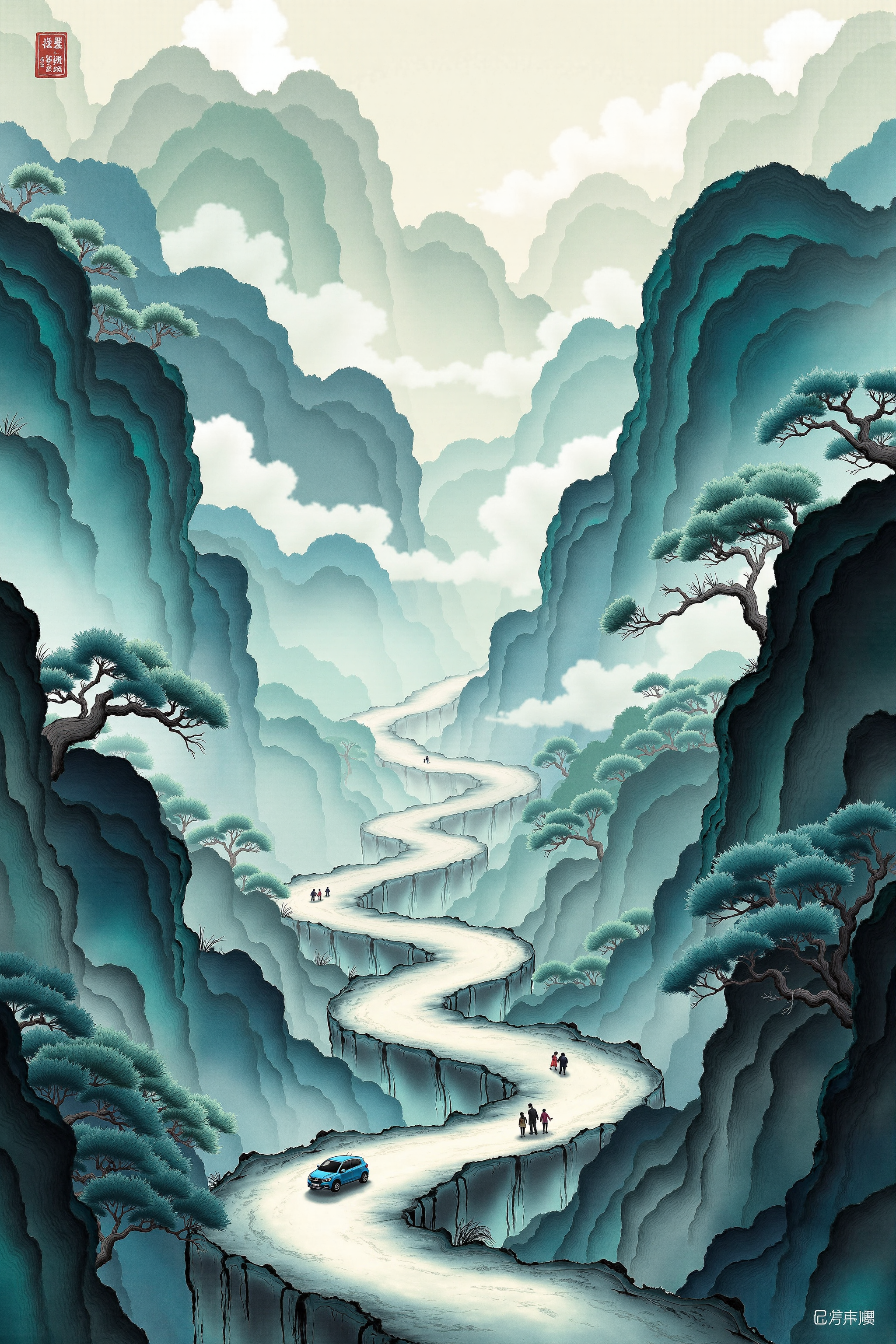 zgqtm_v3,Traditional landscape rendered with traditional splashed-ink landscape brushwork of mountain peaks and cloud mists,modern electric vehicles meticulously detailed driving on winding mountain roads,the silhouette of figures inside gazing out at the mountains and waters,in Zhang Daqian's artistic style,the fusion of ink wash and meticulous brush techniques,the collision of blue-green coloring and modern metallic textures,the inscription of "Oriental Intelligence" in calligraphy in the blank spaces,the texture of rice paper,vermilion seals,rendered in 8K ultra-high definition,