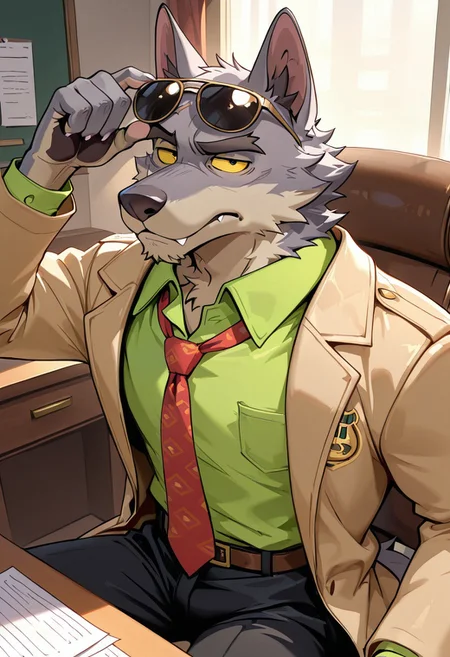masterpiece, best quality, amazing quality, very aesthetic, absurdres, newest,  high quality, detailed, male, solo male, DaleDonovan, 1boy, mature male, male, anthro, wolf, broad shoulders, scruffy, gray fur, light tan underbelly, black eyes, yellow sclera, thick eyebrows, animal ears, green collared shirt, red tie, tan jacket, detective, sunglasses on forehead, black pants, half body, indoors, sitting at desk, papers on desk, looking at viewer, one raised eyebrow