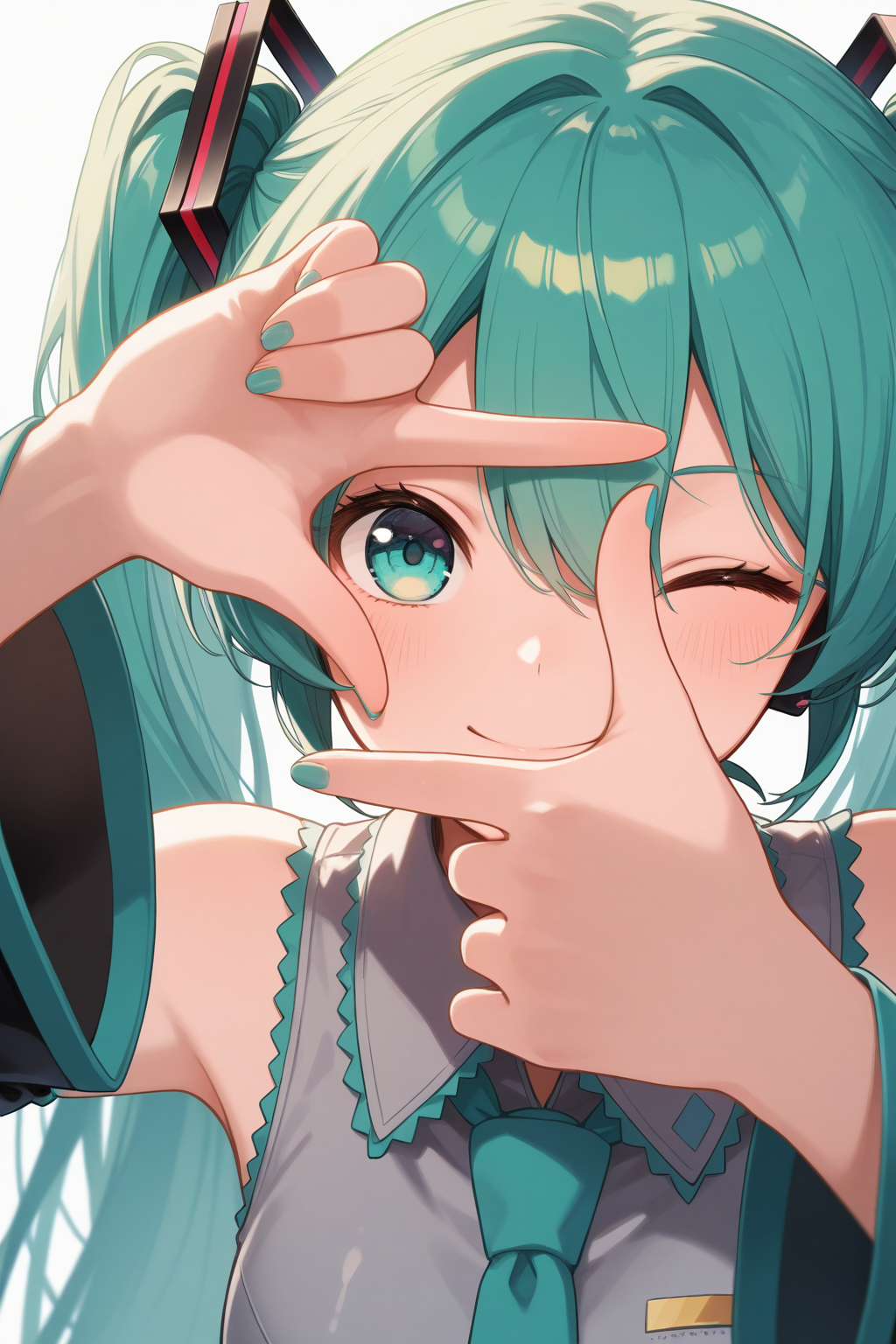 masterpiece, best quality, absurdres, safe
1girl, finger frame, hatsune miku, one eye closed, smile
<lora:finger_frame_il_d16:1>