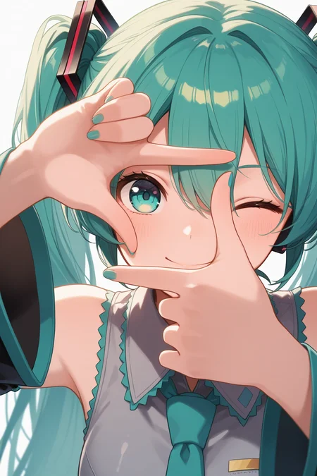 masterpiece, best quality, absurdres, safe
1girl, finger frame, hatsune miku, one eye closed, smile
<lora:finger_frame_il_d16:1>