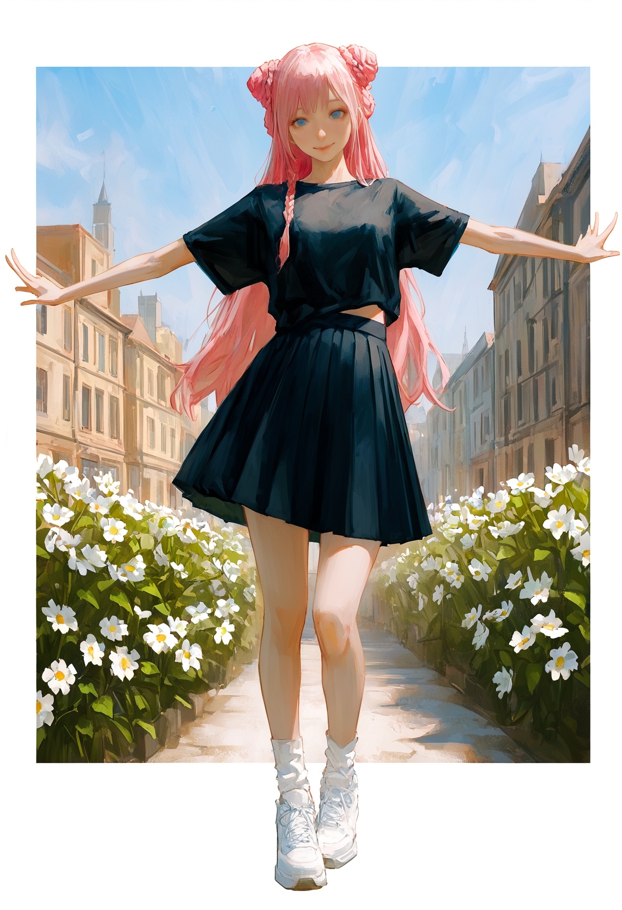 realistic textured painterly, 
(by lch, fugtrup:1.15), cinematic, nose, lips, 
 outside border, white border, border,
full body, 1girl, smile,  black shirt, black skirt, pleated skirt, short sleeves, blue eyes, pink hair, braid, braided bun, double bun,  closed mouth, very long hair, sneakers shoes,  white shoes, white socks,  spread arms, standing, looking at viewer, outstretched arms, 
blue background, day, building, blue sky, white flower, flower, outdoors,
very awa, best quality, highres, masterpiece,
<lora:nhl-002-nai:0.8>, nhl-002, <lora:nhl-001-20:0.6> , nhl-001,