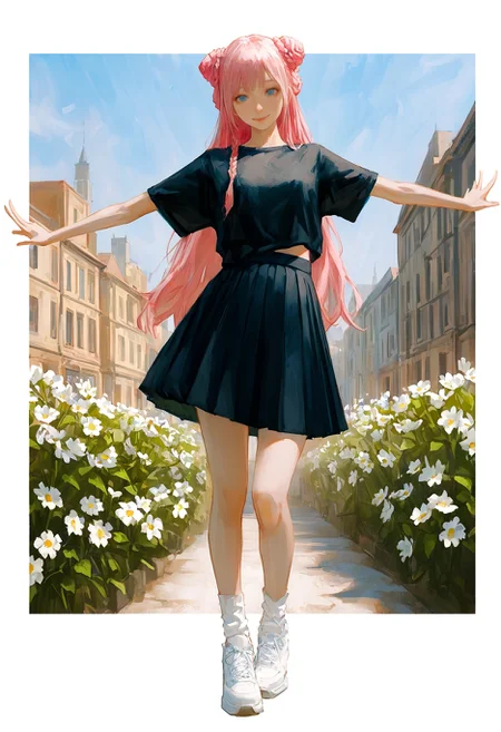 realistic textured painterly,
(by lch, fugtrup:1.15), cinematic, nose, lips,
outside border, white border, border,
full body, 1girl, smile, black shirt, black skirt, pleated skirt, short sleeves, blue eyes, pink hair, braid, braided bun, double bun, closed mouth, very long hair, sneakers shoes, white shoes, white socks, spread arms, standing, looking at viewer, outstretched arms,
blue background, day, building, blue sky, white flower, flower, outdoors,
very awa, best quality, highres, masterpiece,
<lora:nhl-002-nai:0.8>, nhl-002, <lora:nhl-001-20:0.6> , nhl-001,