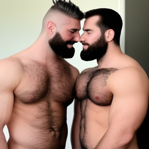 multiple boys, beard, chest hair, 2boys, male focus, facial hair, yaoi, bara, muscular, nipples, muscular male, pectorals, short hair, mature male, buzz cut, nude, tattoo, very short hair, hairy, large pectorals, black hair, arm hair, completely nude, sideburns, pubic hair, abs, navel hair, hand on another's head, male pubic hair, arm tattoo