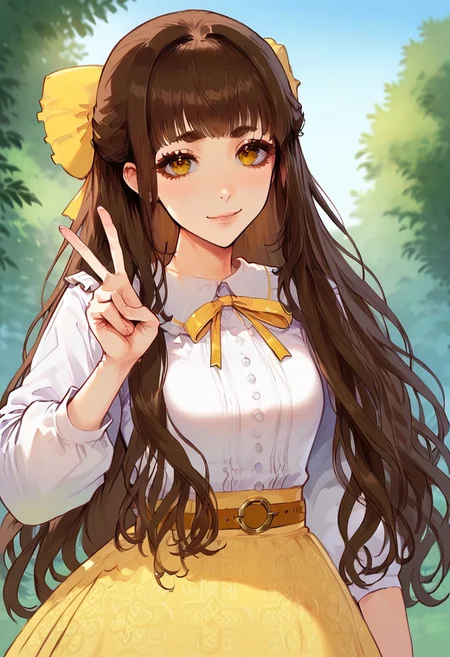 anime artwork, score_9, score_8_up, score_7_up, score_6_up, score_5_up,
masterpiece, best quality, source_anime, <lora:Floox_Style:1>, detailed eyes, detailed hair, yellow skirt, white blouse, brown hair, long hair, wavy hair, yellow hair bow, yellow ribbon, brown belt, white blouse, peter pan collar, portrait, peace sign,