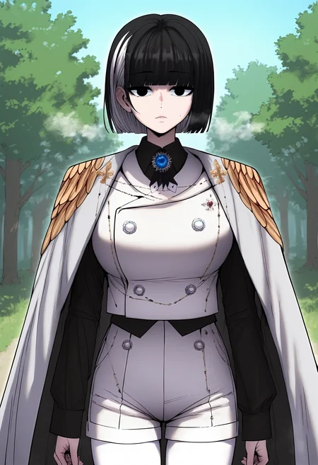 score_9, score_8_up, score_7_up, score_6_up, source_anime, rating_explicit, 1girl, (solo:1.2), huge breasts, <lora:Siaponyxl:1> black eyes, black hair, short hair, blunt bangs, multicolored hair, bob cut, white hair, streaked hair, white cape, brooch, gem, epaulettes, white vest, black shirt, long sleeves, collared shirt, buttons, short shorts, white shorts, white pantyhose, expressionless, Narrow shoulders, heavy breathing, steaming body, forest, outdoors, looking at viewer, close-up