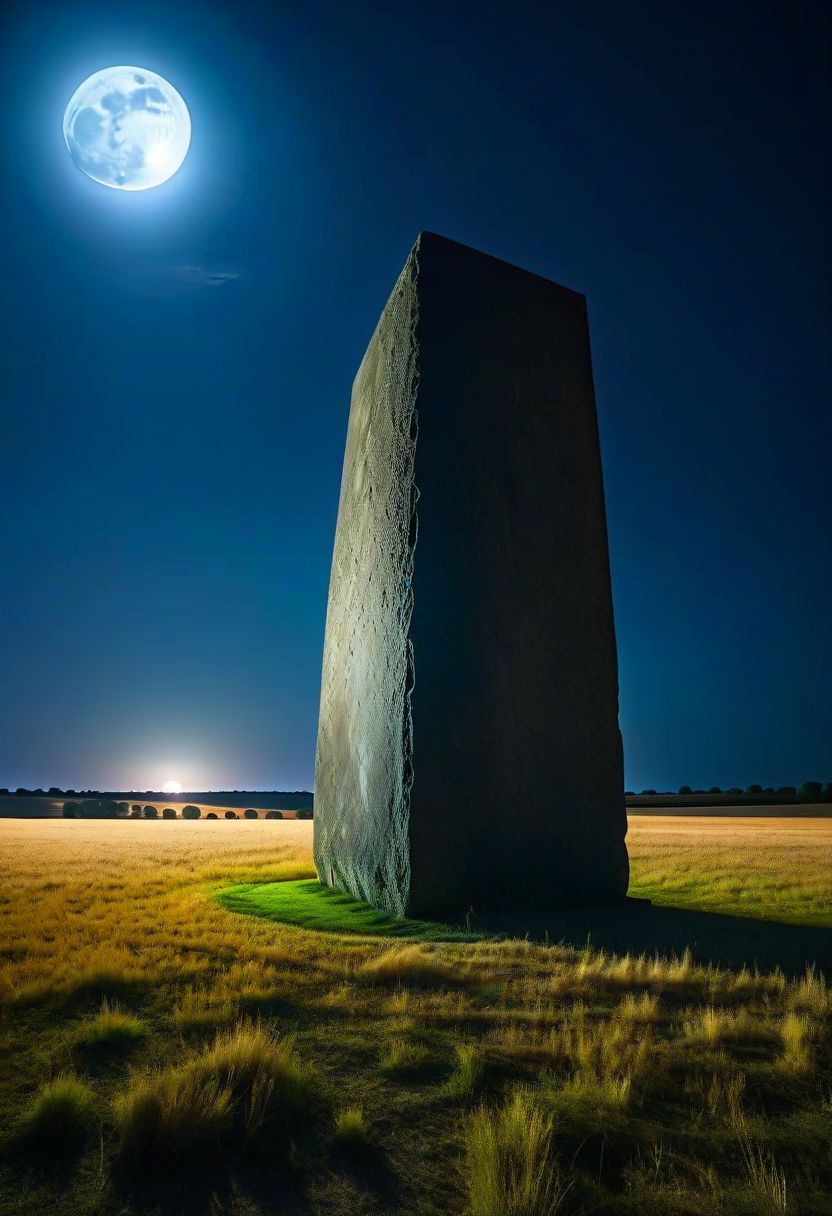 A shiny monolith of ancient design in the middle of a field at night with a full moon, zoomedout:.10 raw, masterpiece, extreme ultra best