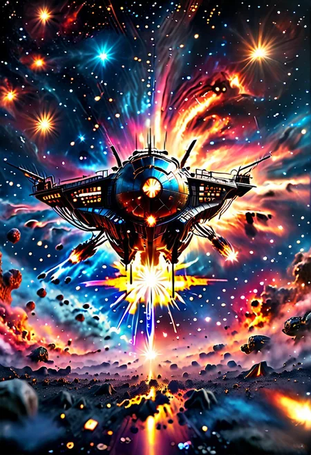 high quality, 8K Ultra HD, highly realistic, The great and sleek black ship is moving forward, blasting through space. It has powerful cannons facing forward that are unleashing powerful blue energy weapon blasts upon an unseen foe. Embark on an enchanting 8K photorealistic journey as a magnificent starship blasts through a star system. The ship gracefully flies among other ships. The starship's design boasts advanced technological elements. The camera captures every minute detail, by VelvetS, octane render,from slightly to the side. perfectly symmetrical ship. Weapons fire blue energy beams. IT is shooting Blue energy beams, deep space
<lora:DonM3t3rn1tyXL-v1.1:0.7>, DonM3t3rn1tyXL,
OverallDetailXL <lora:MJ52:0.3> <lora:SDXLFaeTastic2400:0.4>