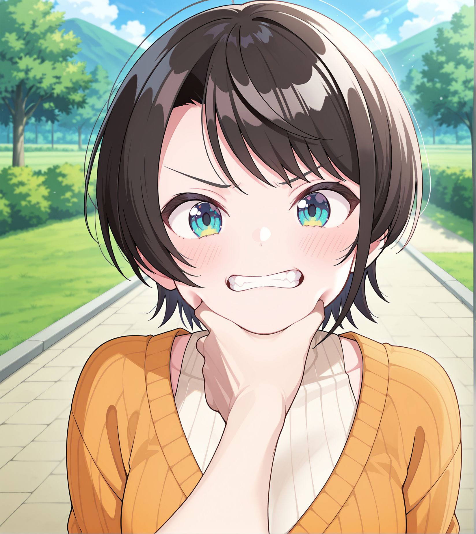 <lora:add-detail-xl:0.5>,,masterpiece,best quality,anime coloring,anime screenshot,
<lora:Cheek_Grabbing_Material:0.6>Cheek_Grabbing_Material, 
1girl,teeth,looking at viewer,
simple background,
Grabbing chin,
outdoors, 
oozora subaru, hololive, official art, 
20YO, milf,