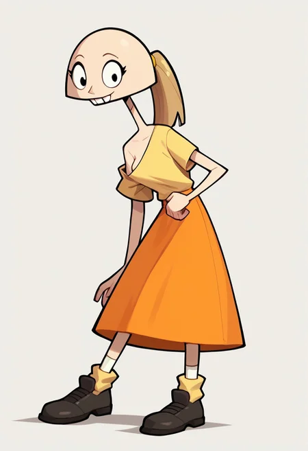 score_9, score_8_up, score_7_up BREAK pegTO, 1girl, bald head, black eyes, yellow hairclip, light brown ponytail, ponytail, buckteeth, bucktooth, no jaw, no lower jaw, half head, jawless, one breast, single breast, yellow longsleeved shirt, orange skirt, yellow socks, white black shoes, full body, human, cartoon, source_cartoon,
