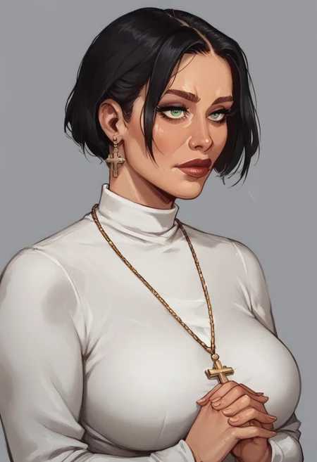 safe_pos, score_9, score_8_up, score_7_up, solo, 1girl, 55-year-old, mature female, black hair,short haircut, green eyes, perfect round breast, round earrings, cross necklace, close up, looking at the view, Portrait make up, innocent, pious, woman in church, modest clothing, dress, woman praying, facial wrinkles, cheekbones