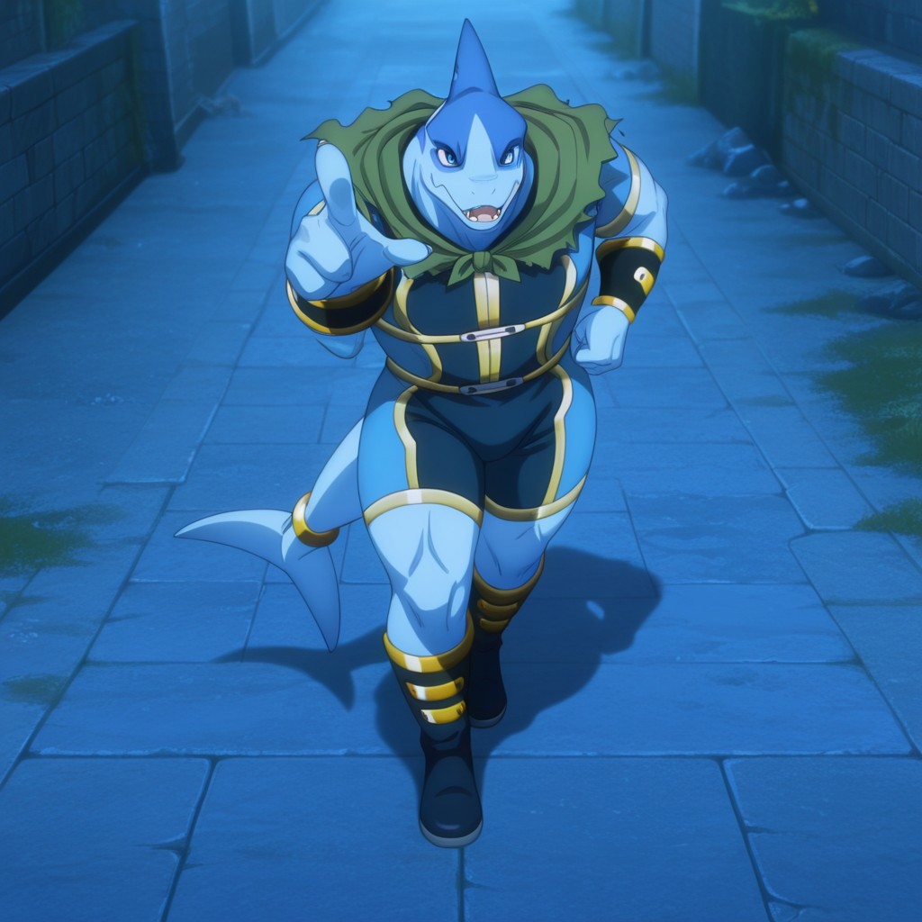 masterpiece, best quality, amazing quality, Arabaslfil, anthro, male, shark, blue skin, blue eyes,  gold trimmed blue bodysuit, gold armbands, gold trimmed dark blue bracers, gold trimmed dark blue boots, green capelet, gold tail ring, solo, outside,  1boy, solo, looking at viewer, pointing