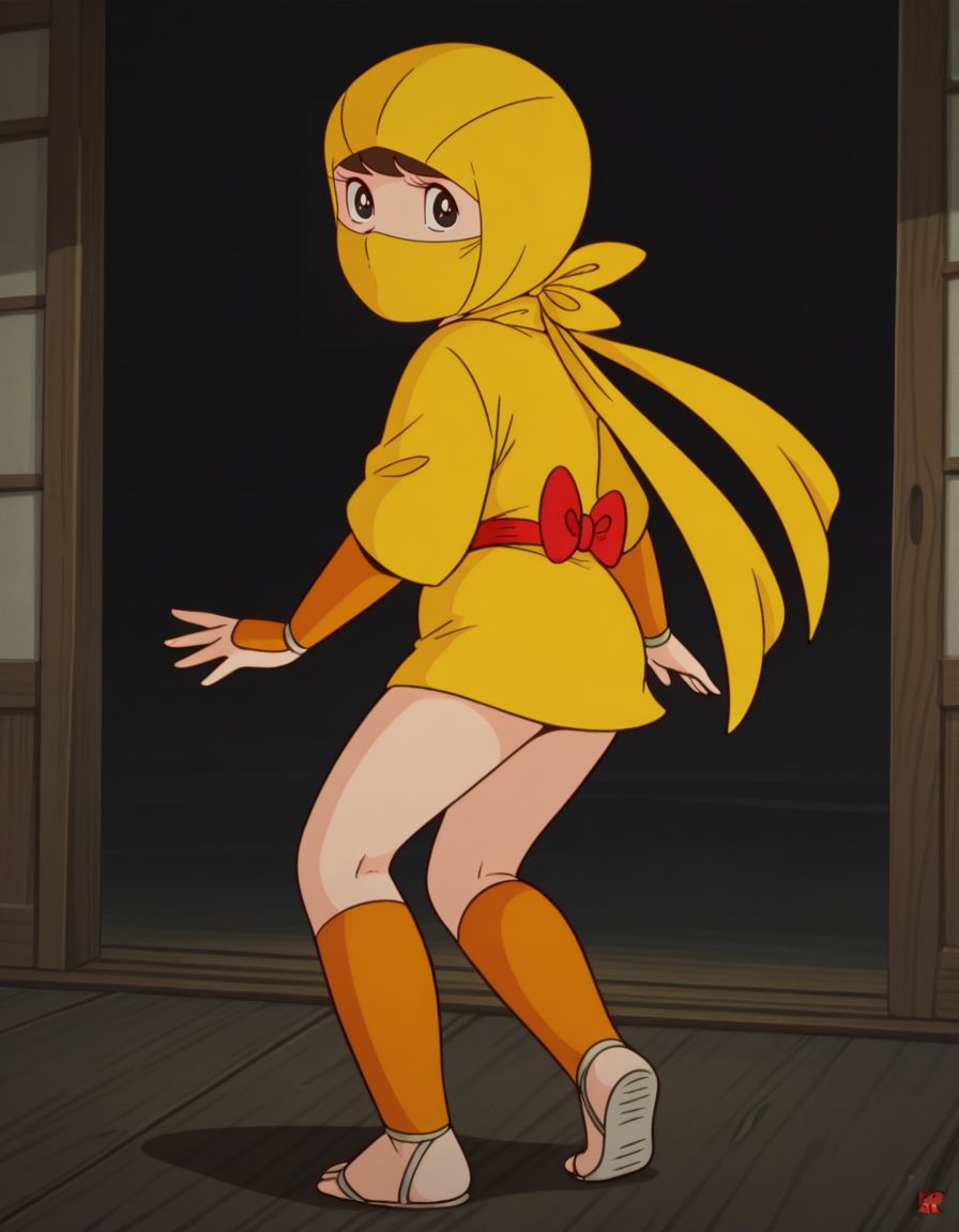 masterpiece, best quality, solo, full body, facing away, looking back, 
<lora:Sakura:1>, saku4a, black eyes, 1970s \(style\), (yellow ninja mask, ninja headwear),