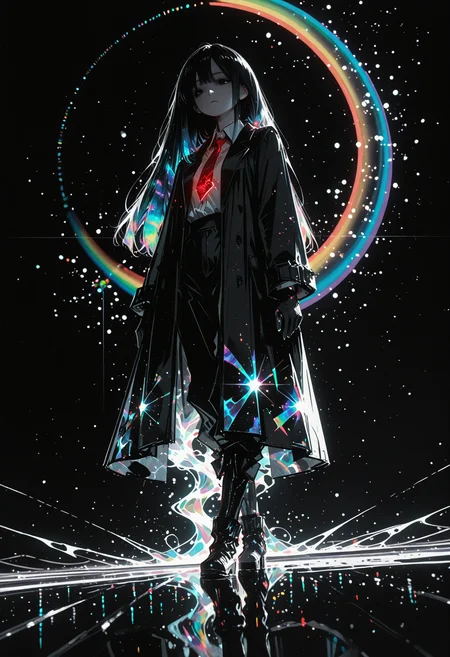 masterpiece, detailed_eyes, high_quality, best_quality, highres, absurdres, 8k, subject_focus, depth_of_field, 
1girl, solo, long black hair with subtle cosmic shimmer, black eyes with deep void-like glow, red necktie, collared shirt, black long coat with slight cosmic patterns, gloves, black pants, black boots, standing pose, neutral expression, bright ethereal background, soft ambient glow, dreamy light rays, cinematic lighting, high dynamic range, glowing highlights, surreal luminous aura, rich cinematic depth, soft volumetric light, subtle light particles floating, contrast between dark outfit and luminous surroundings.,dispersion_effect, HDR_effect, spectra_effect, rainbow_prism, colored_highlights, sketch, cinematic angle, 
 <lora:748cmSDXL:0.5> <lora:ma1ma1helmes_b:0.5>  <lora:re4lity:1>  <lora:ponyv6_noobV1_2_adamW:0.9>