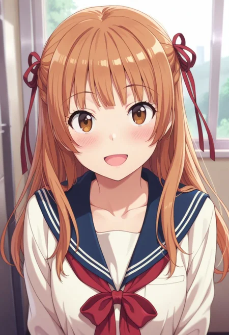 masterpiece,best quality,amazing quality, sumizome akemi, amber hair, long hair, brown eyes, 1girl, solo, ribbon, hair ribbon, open mouth, school uniform, smile, blush, looking at viewer, serafuku, red ribbon, :d, collarbone
